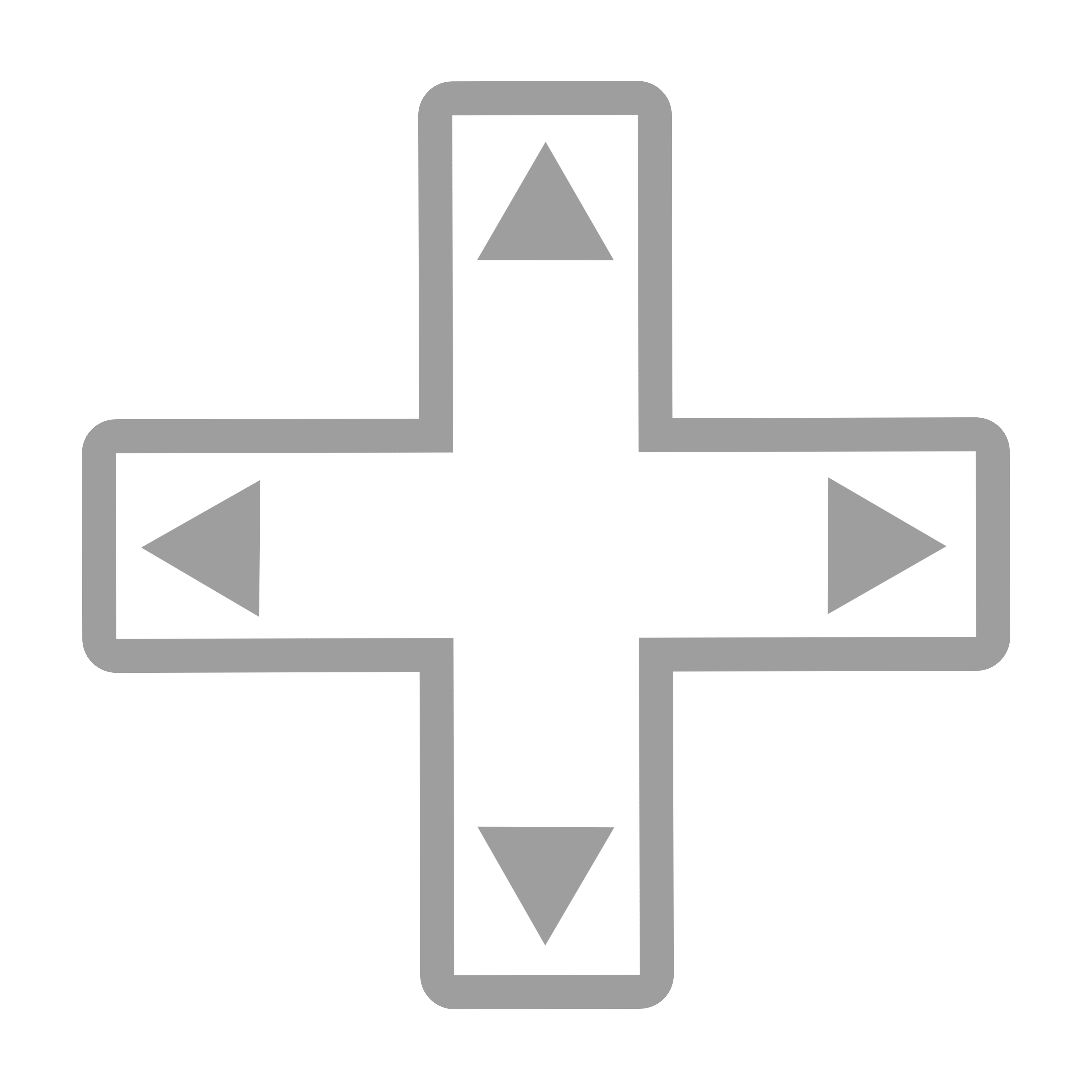 a white cross with a grey outline. at the top is a grey triangle pointing up, at the bottom is a grey triangle pointing down, and on the left and right are grey triangles pointing left and right